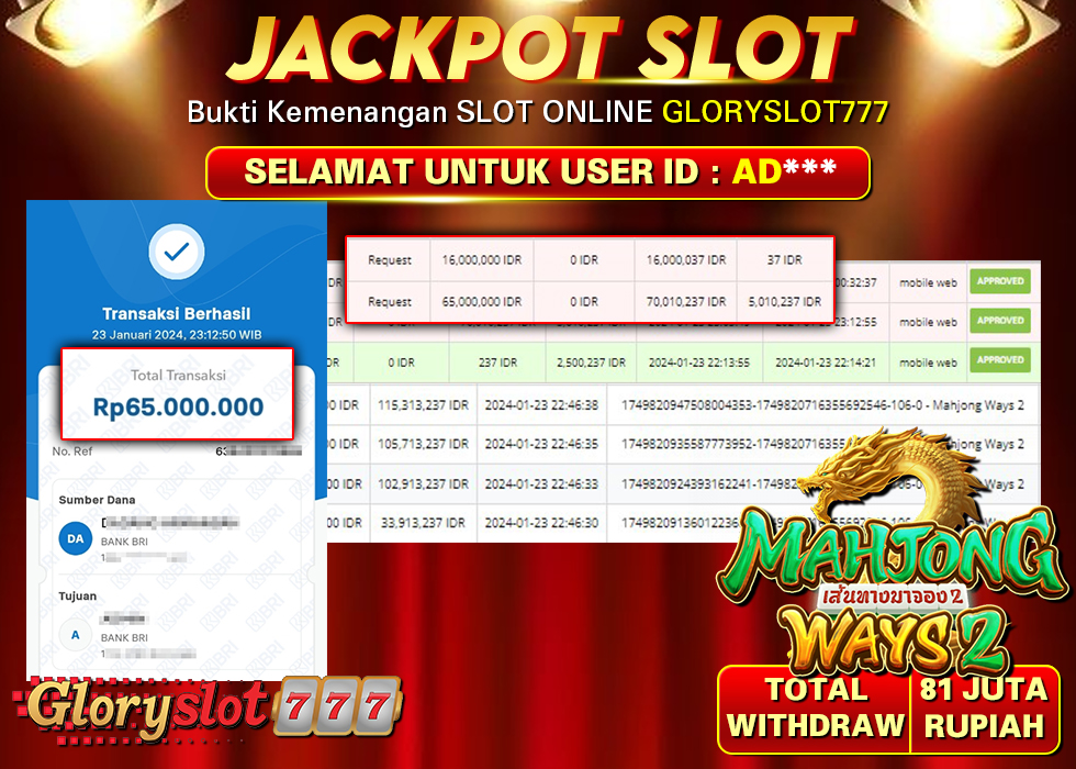 GLORYSLOT777 JACKPOT SLOT MAHJONG WAYS 2 Rp 65.000.000,- LUNAS