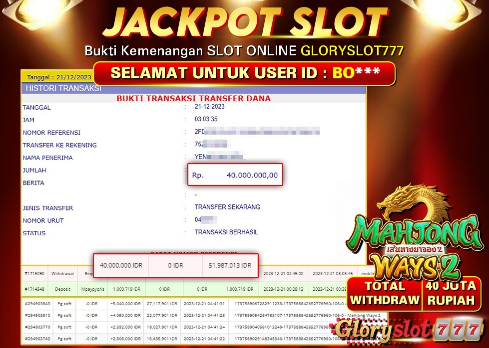 GLORYSLOT777 JACKPOT SLOT MAHJONG WAYS 2 Rp 40.000.000,- LUNAS