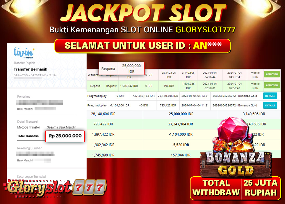 GLORYSLOT777 JACKPOT SLOT BONANZA GOLD Rp 25.000.000,- LUNAS