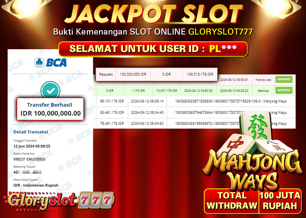 GLORYSLOT777 JACKPOT SLOT MAHJONG WAYS Rp 100.000.000,- LUNAS