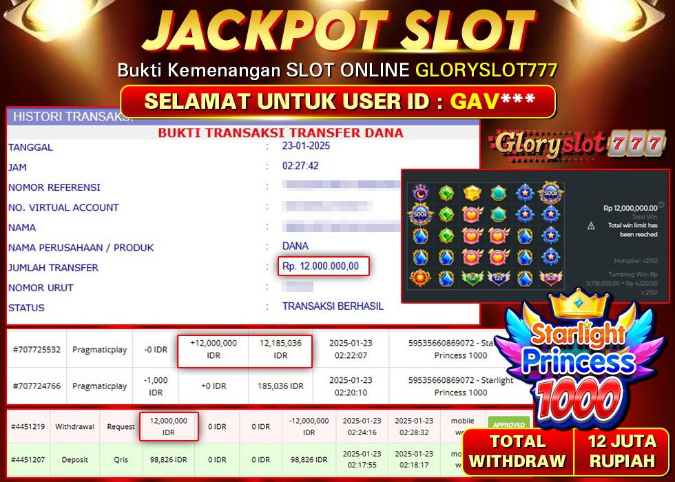 GLORYSLOT777 JACKPOT SLOT STARLIGHT PRINCESS 1000 Rp 12.000.000,- LUNAS