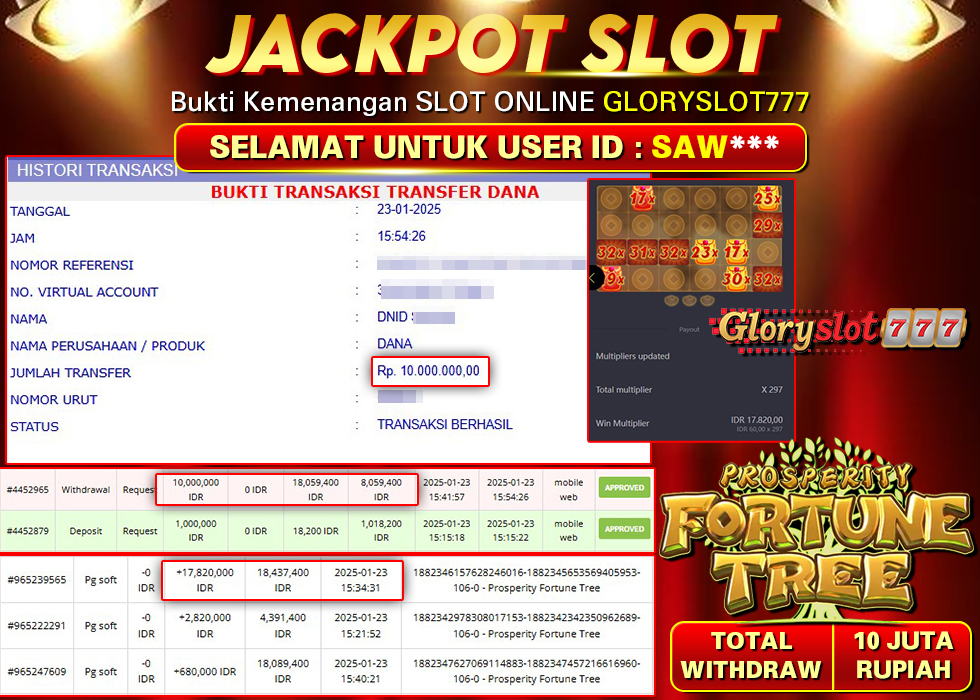 GLORYSLOT777 JACKPOT SLOT PROSPERITY FORTUNE TREE Rp 10.000.000,- LUNAS