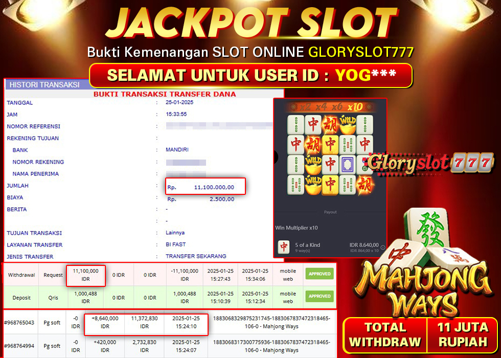 GLORYSLOT777 JACKPOT SLOT MAHJONG WAYS Rp 11.100.000,- LUNAS