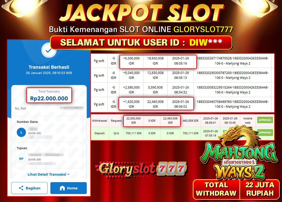 GLORYSLOT777 JACKPOT SLOT MAHJONG WAYS 2 Rp 22.000.000,- LUNAS