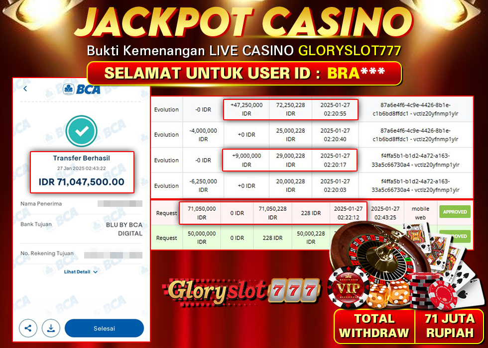 GLORYSLOT777 JACKPOT LIVECASINO ROULETTE Rp 71.050.000,- LUNAS