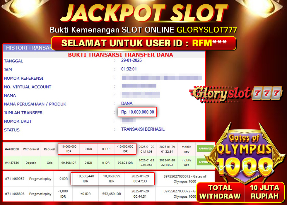 GLORYSLOT777 JACKPOT SLOT GATES OF OLYMPUS 1000 Rp 10.000.000,- LUNAS