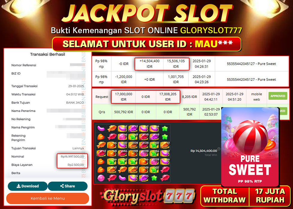 GLORYSLOT777 JACKPOT SLOT PURE SWEET Rp 17.000.000,- LUNAS