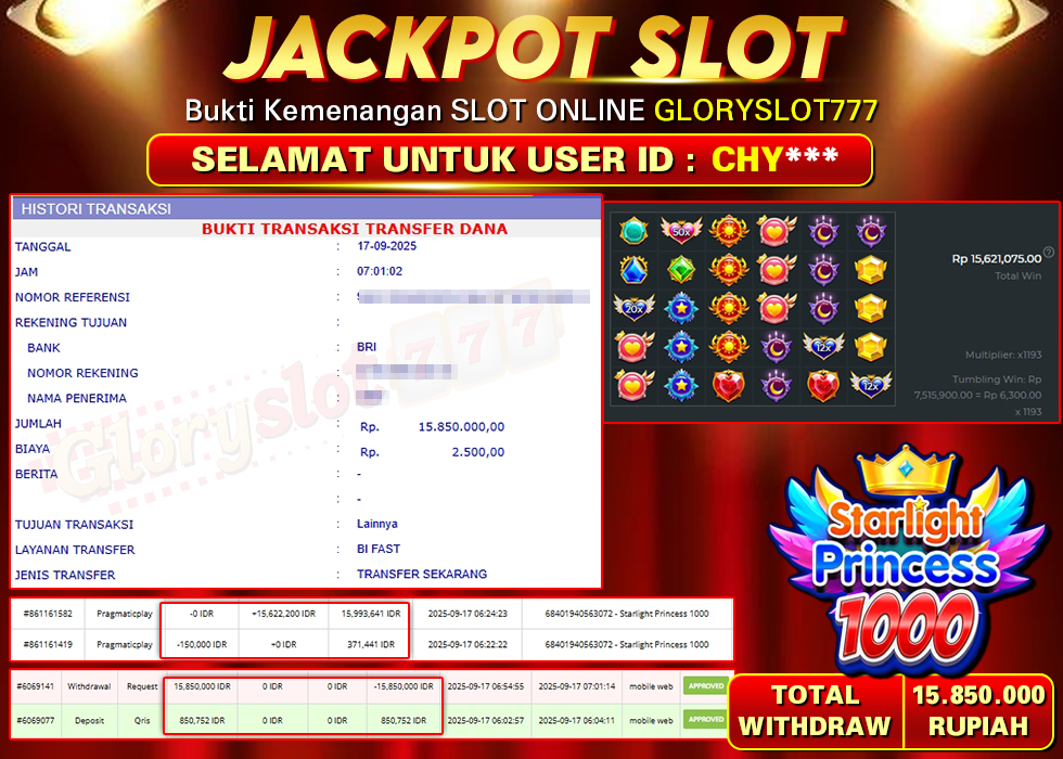GLORYSLOT777 JACKPOT SLOT STARLIGHT PRINCESS 1000 Rp 15.850.000,- LUNAS