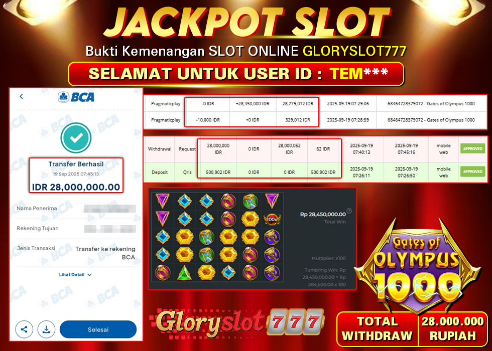 GLORYSLOT777 JACKPOT SLOT GATES OF OLYMPUS 1000 Rp 28.000.000.,- LUNAS