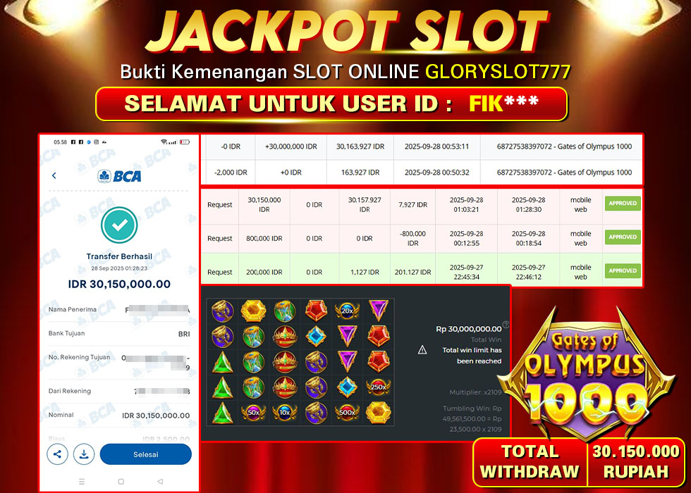 GLORYSLOT777 JACKPOT SLOT GATES OF OLYMPUS 1000 Rp 30.150.000.,- LUNAS