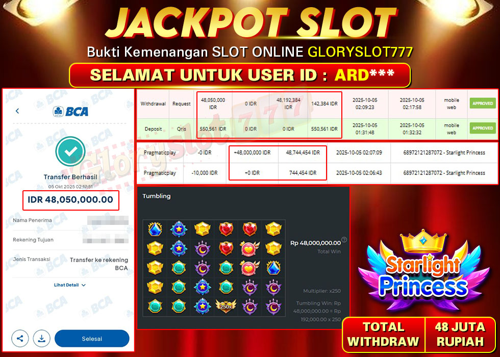 GLORYSLOT777 JACKPOT SLOT STARLIGHT PRINCESS Rp 48.050.000.,- LUNAS