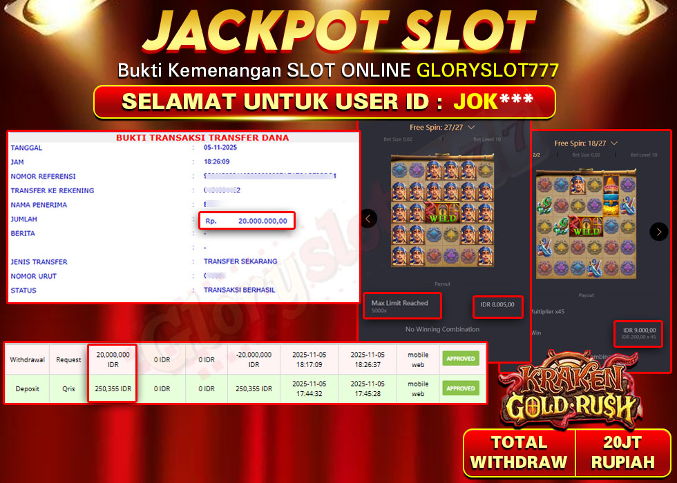 GLORYSLOT777 JACKPOT SLOT KRAKEN GOLD RUSH Rp 20.000.000.,- LUNAS
