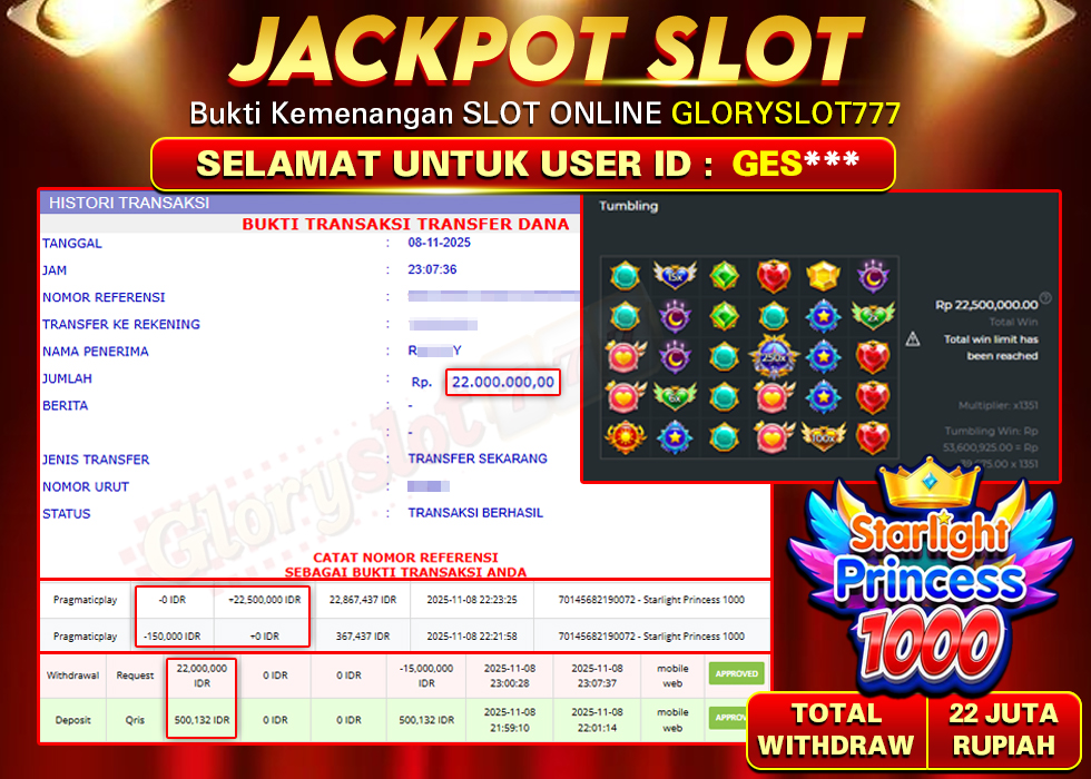 GLORYSLOT777 JACKPOT SLOT STARLIGHT PRINCESS 1000 Rp 22.000.000,- LUNAS