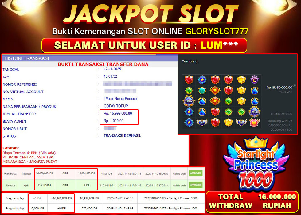 GLORYSLOT777 JACKPOT SLOT STARLIGHT PRINCESS 1000 Rp 16.000.000,- LUNAS
