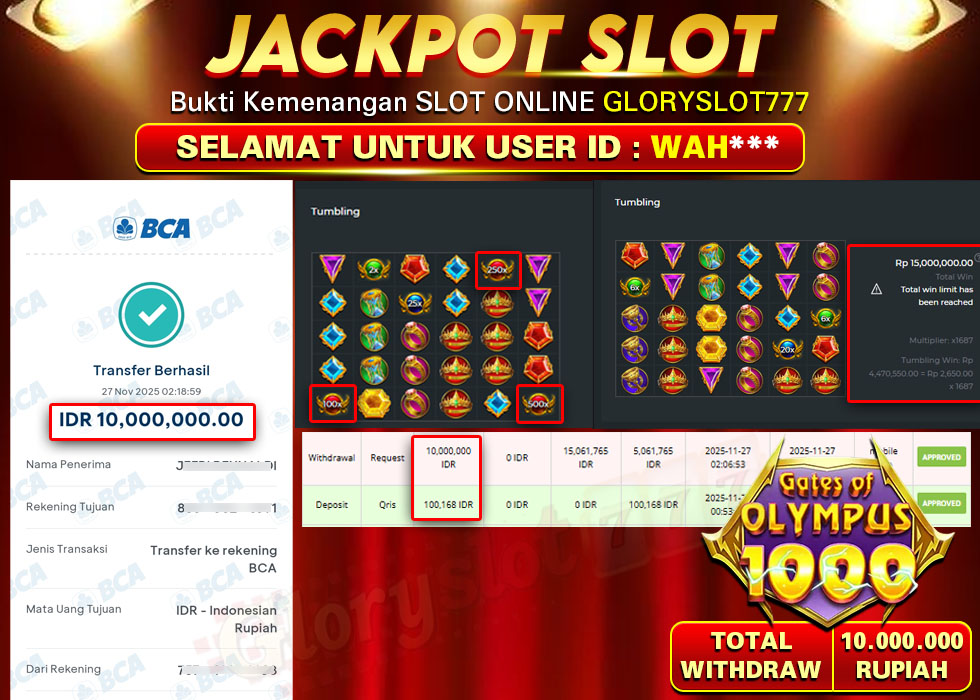 GLORYSLOT777 JACKPOT SLOT GATES OF OLYMPUS 1000 Rp 10.000.000,- LUNAS