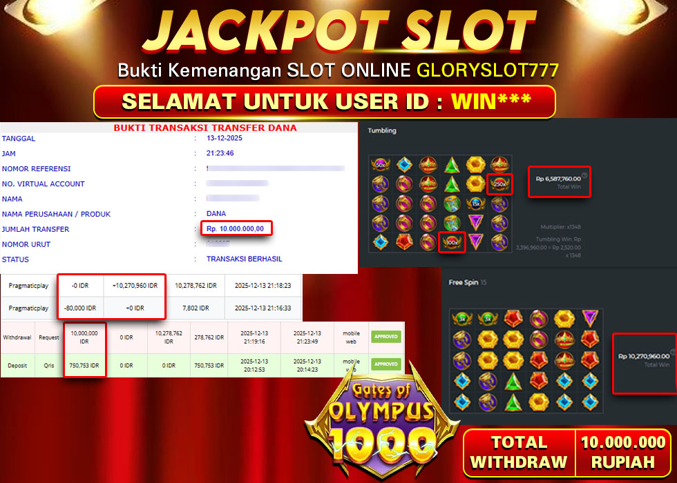 GLORYSLOT777 JACKPOT SLOT GATES OF OLYMPUS 1000 Rp 10.000.000,- LUNAS