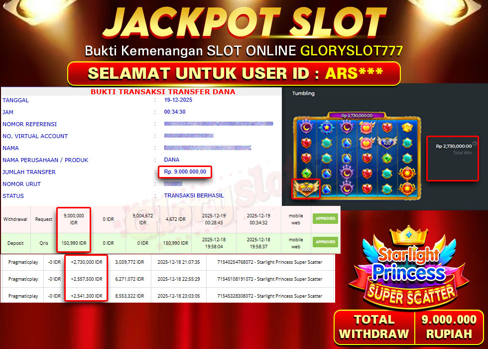 GLORYSLOT777 JACKPOT SLOT STARLIGHT PRINCESS SUPER SCATTER Rp 9.000.000,- LUNAS