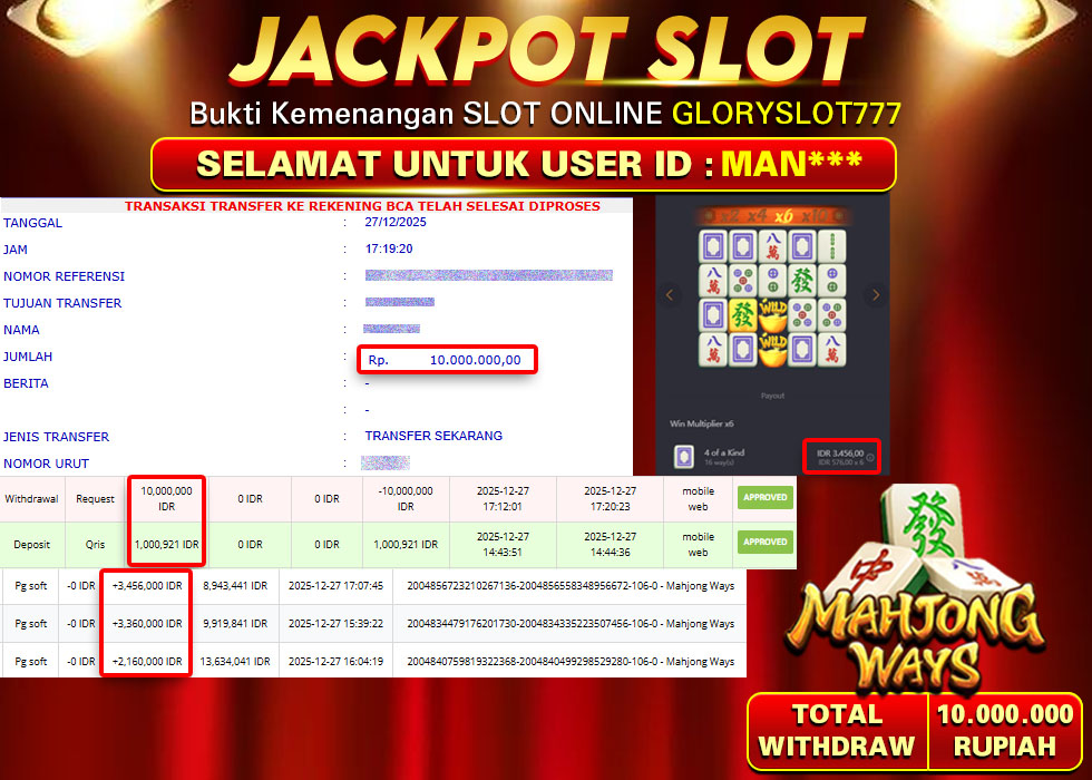 GLORYSLOT777 JACKPOT SLOT MAHJONG WAYS Rp 10.000.000,- LUNAS