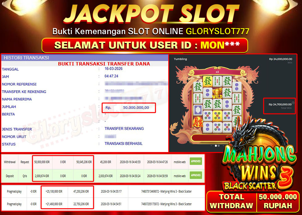 GLORYSLOT777 JACKPOT SLOT MAHJONG WINS 3 BLACK SCATTER Rp 50.000.000,- LUNAS