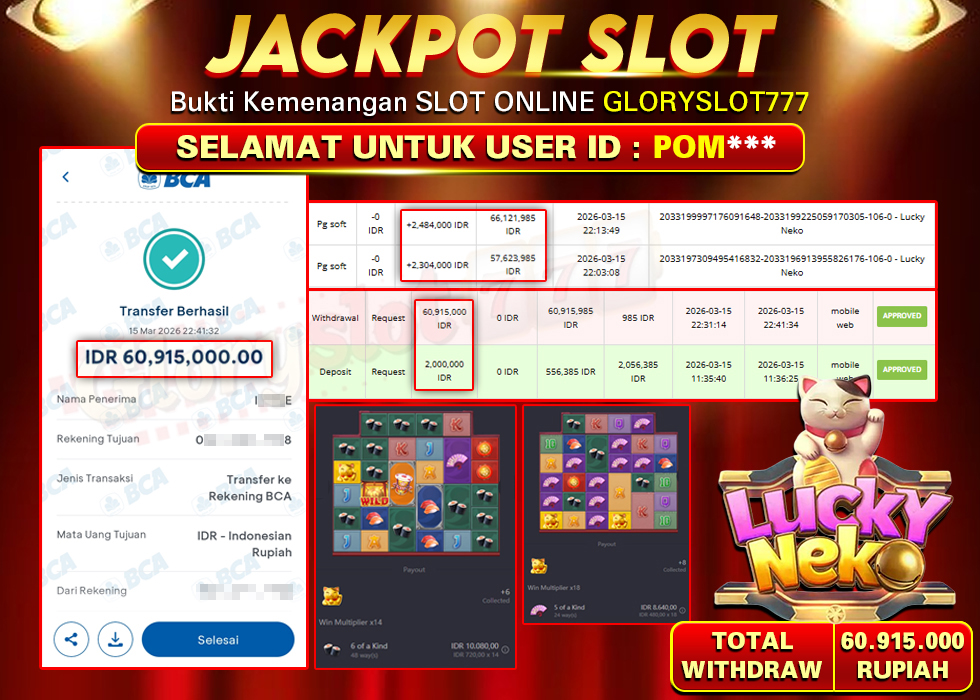 GLORYSLOT777 JACKPOT SLOT LUCKY NEKO Rp 60.915.000,- LUNAS
