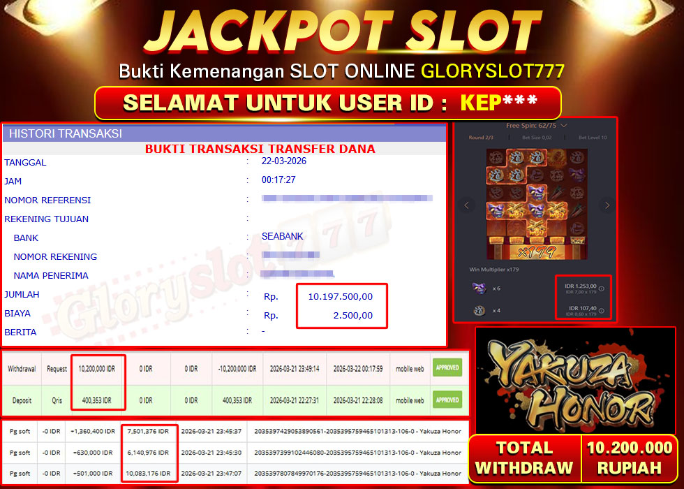 GLORYSLOT777 JACKPOT SLOT YAKUZA HONOR Rp 10.200.000,- LUNAS