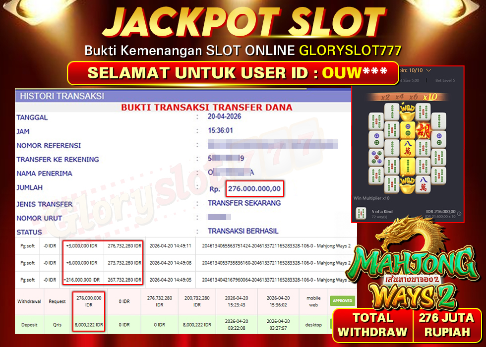 GLORYSLOT777 JACKPOT SLOT MAHJONG WAYS 2 Rp 276.000.000,- LUNAS
