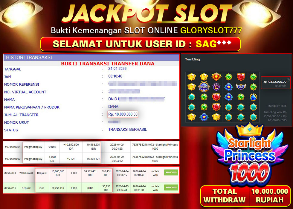 GLORYSLOT777 JACKPOT SLOT STARLIGHT PRINCESS 1000 Rp 10.000.000,- LUNAS