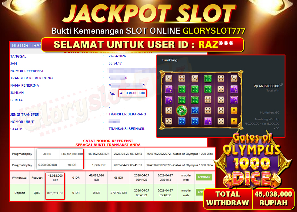 GLORYSLOT777 JACKPOT SLOT GATES OF OLYMPUS 1000 DICE Rp 45.038.000,-  LUNAS