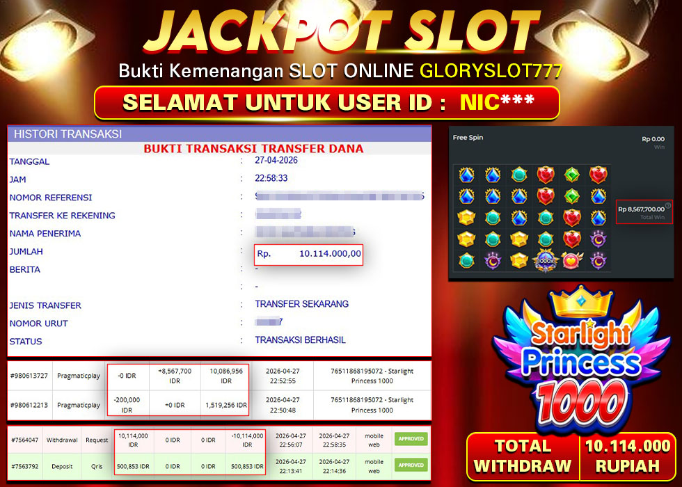 GLORYSLOT777 JACKPOT SLOT STARLIGHT PRINCESS 1000 Rp 10.114.000,- LUNAS