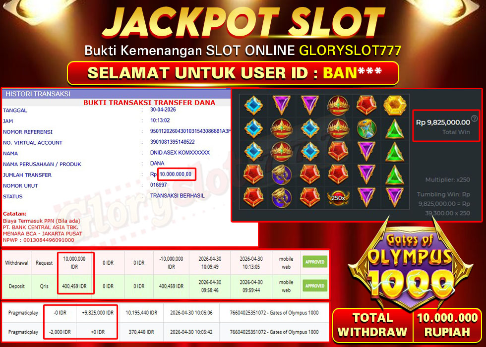 GLORYSLOT777 JACKPOT SLOT GATES OF OLYMPUS 1000 Rp 10.000.000,- LUNAS