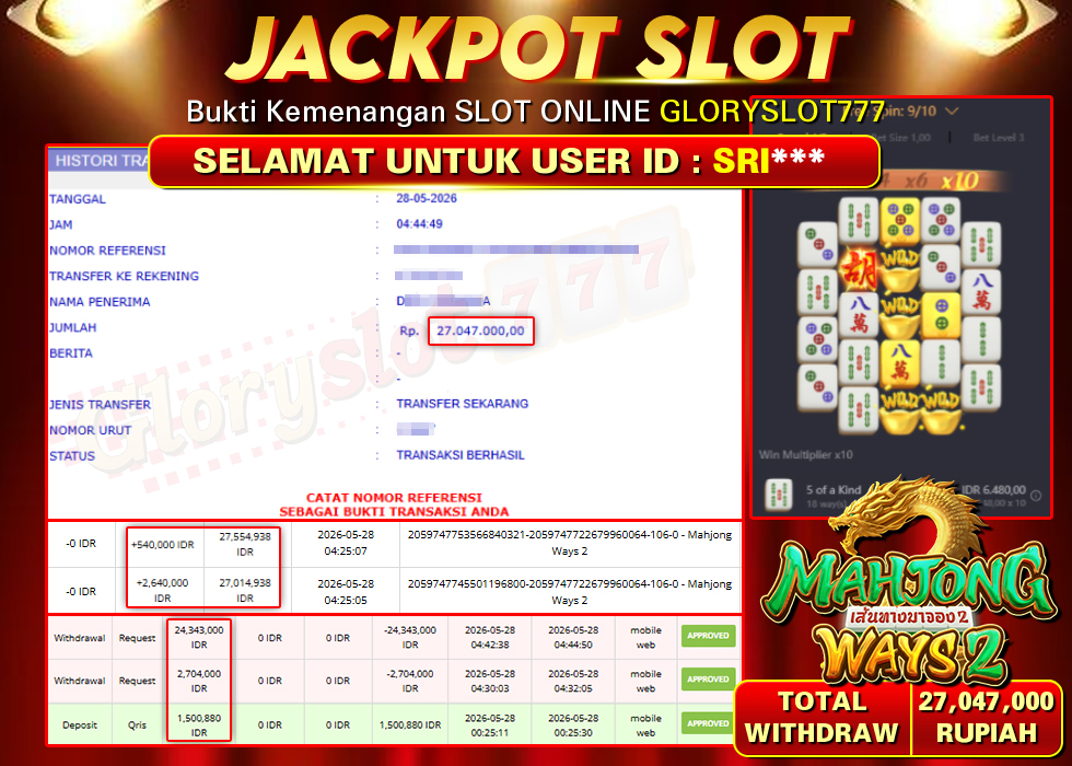 GLORYSLOT777 JACKPOT SLOT MAHJONG WAYS 2 Rp 27.047.000,- LUNAS