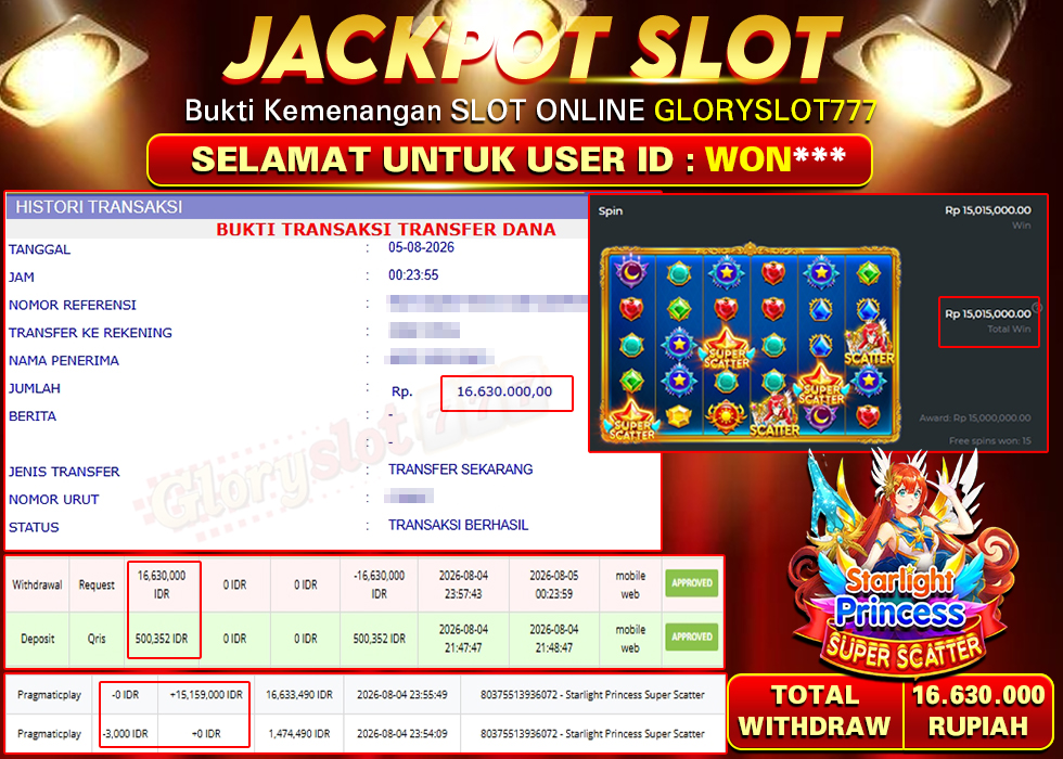 GLORYSLOT777 JACKPOT SLOT STARLIGHT PRINCESS SUPER SCATTER Rp 16.630.000,- LUNAS