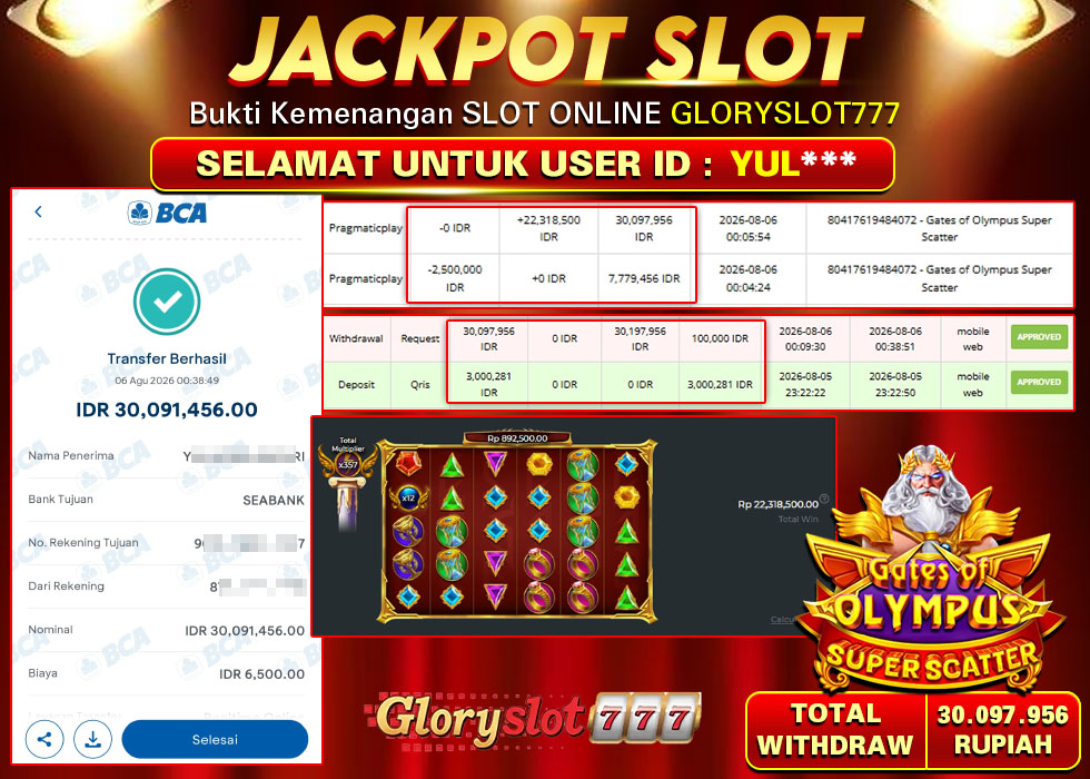 GLORYSLOT777 JACKPOT SLOT GATES OF OLYMPUS SUPER SCATTER Rp 30.097.956,- LUNAS