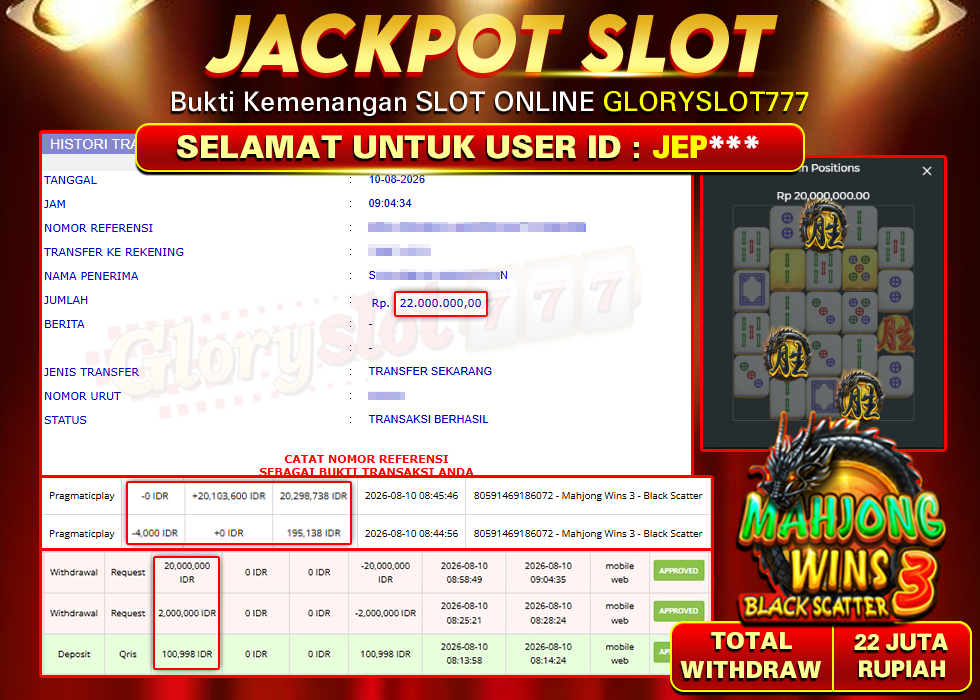 GLORYSLOT777 JACKPOT SLOT MAHJONG WINS 3 BLACK SCATTER Rp 22.000.000,- LUNAS