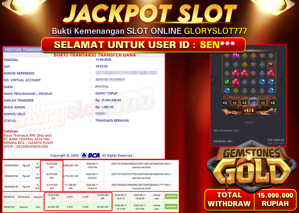 GLORYSLOT777 JACKPOT SLOT GEMSTONE GOLD Rp 15.000.000,- LUNAS