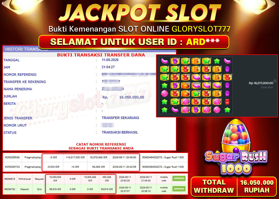 GLORYSLOT777 JACKPOT SLOT SUGAR RUSH 1000 Rp 16.050.000,- LUNAS