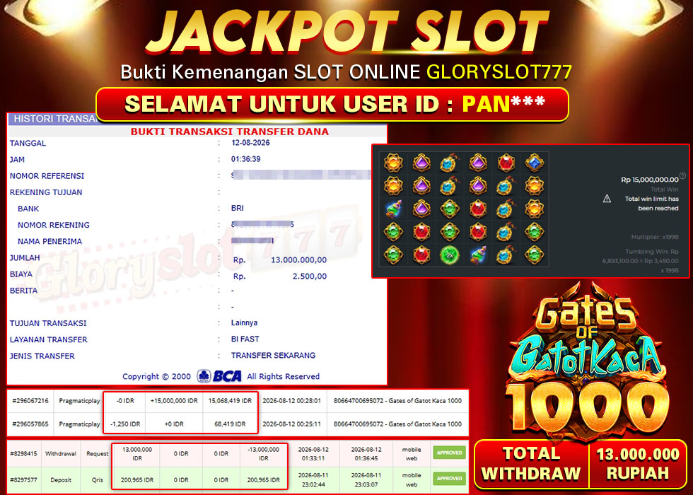 GLORYSLOT777 JACKPOT SLOT GATES OF GATOT KACA 1000 Rp 13.000.000,- LUNAS