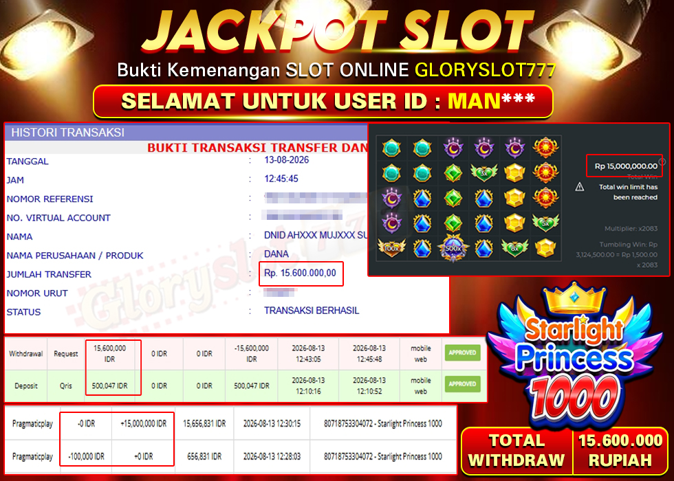 GLORYSLOT777 JACKPOT STARLIGHT PRINCESS 1000 Rp 15.600.000,- LUNAS