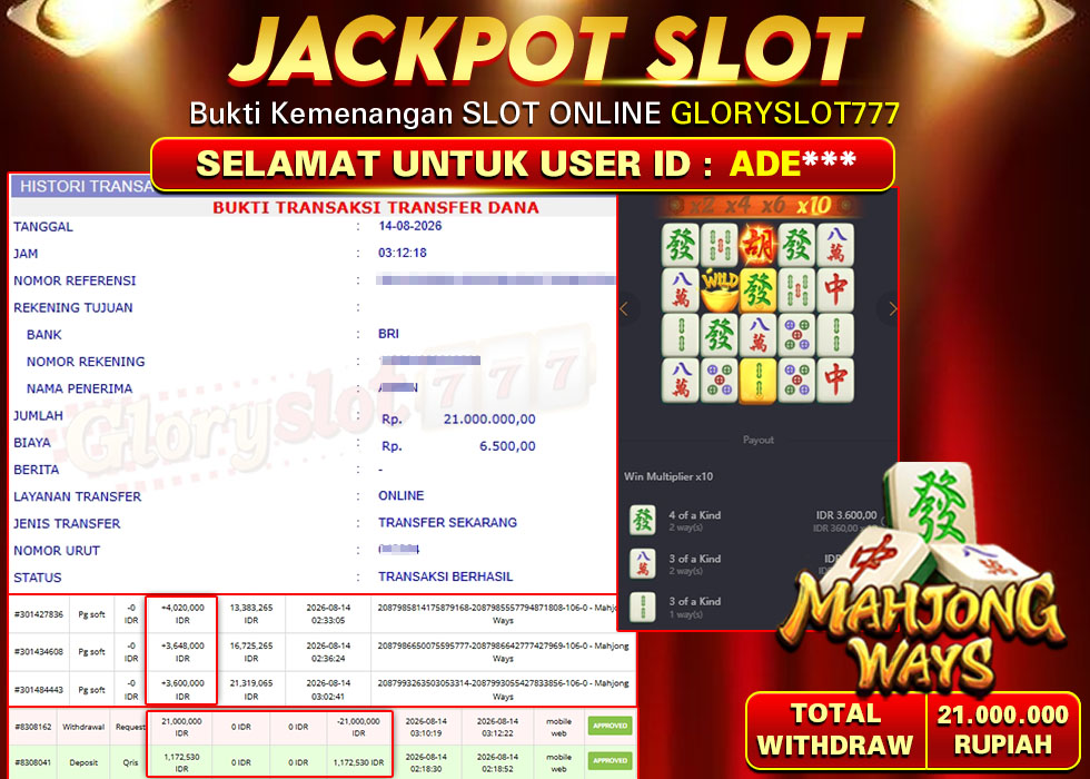 GLORYSLOT777 JACKPOT SLOT MAHJONG WAYS Rp 21.000.000,- LUNAS