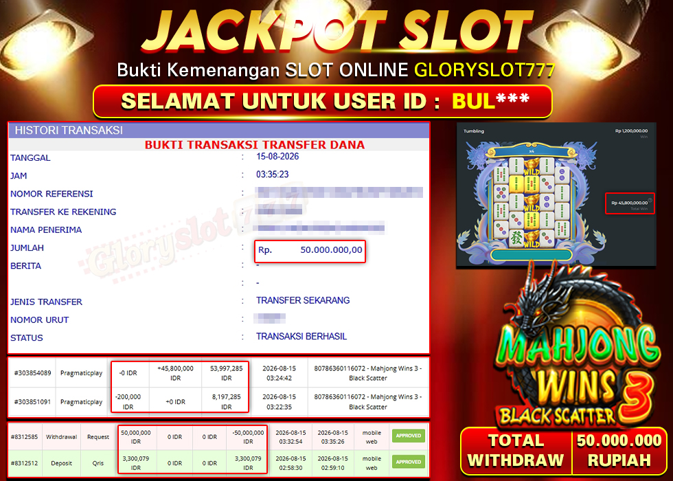 GLORYSLOT777 JACKPOT SLOT MAHJONG WINS 3 BLACK SCATTER Rp 50.000.000,- LUNAS