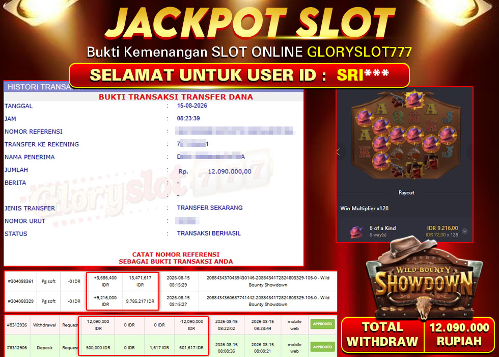 GLORYSLOT777 JACKPOT SLOT WILD BOUNTY SHOWDOWN Rp 12.090.000,- LUNAS