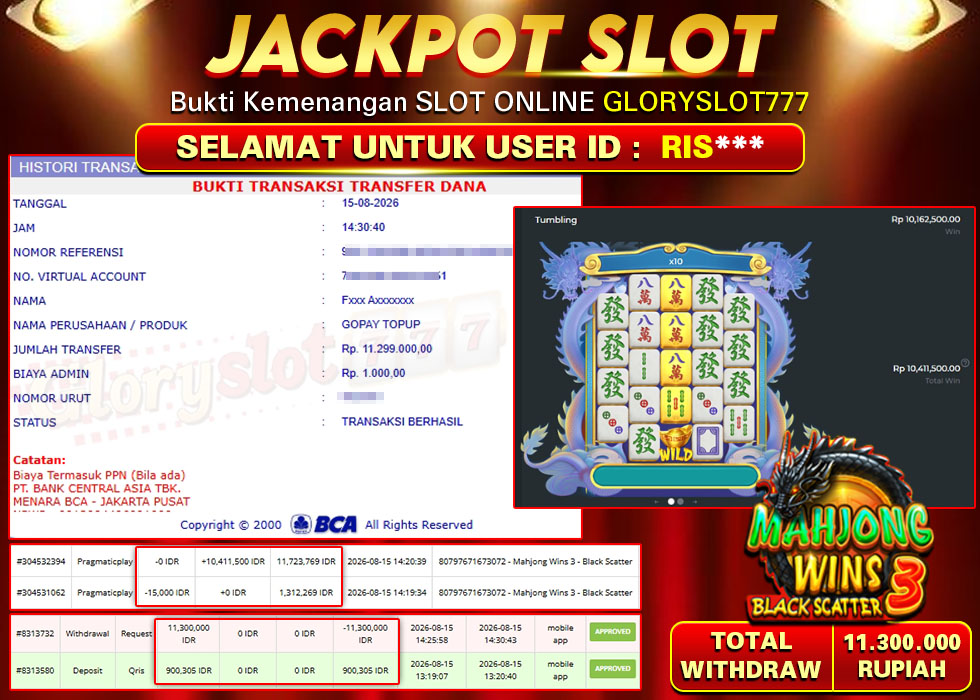 GLORYSLOT777 JACKPOT SLOT MAHJONG WINS 3 BLACK SCATTER Rp 11.300.000,- LUNAS