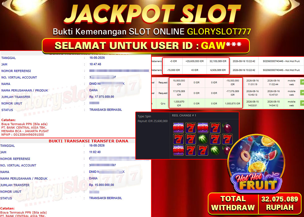 GLORYSLOT777 JACKPOT SLOT HOT HOT FRUIT Rp 32.075.089,- LUNAS