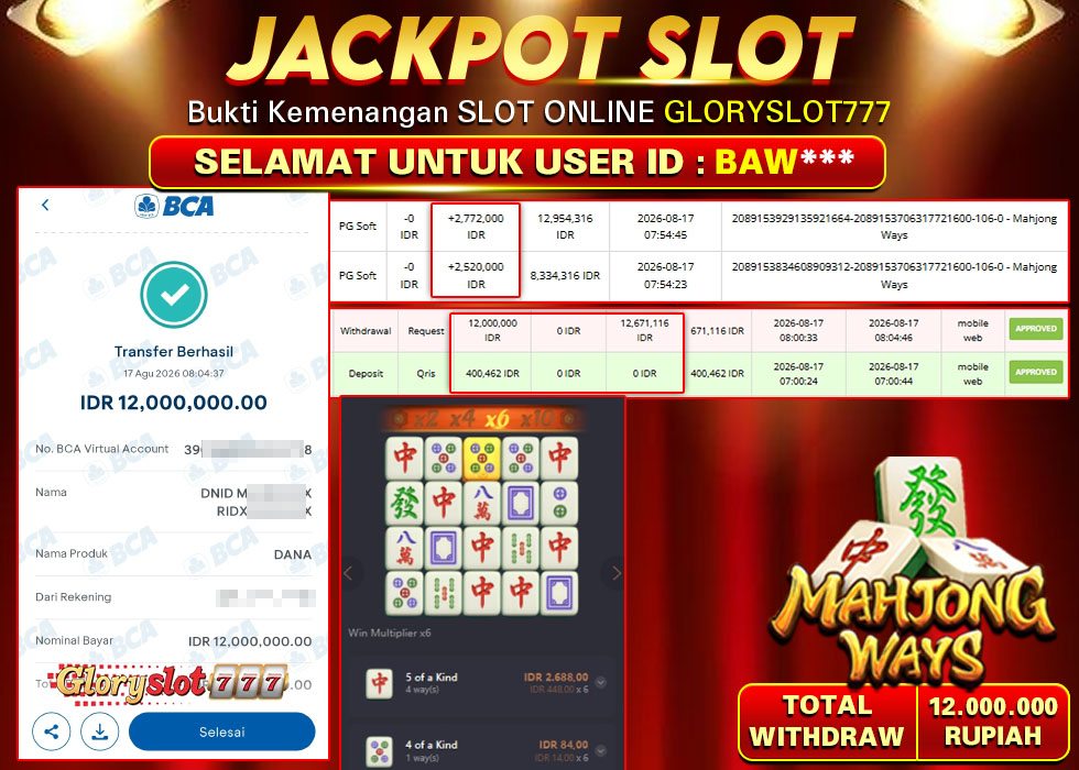 GLORYSLOT777 JACKPOT SLOT MAHJONG WAYS Rp 12.000.000,- LUNAS