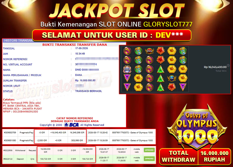 GLORYSLOT777 JACKPOT GATES OF OLYMPUS 1000 Rp 16.000.000,- LUNAS