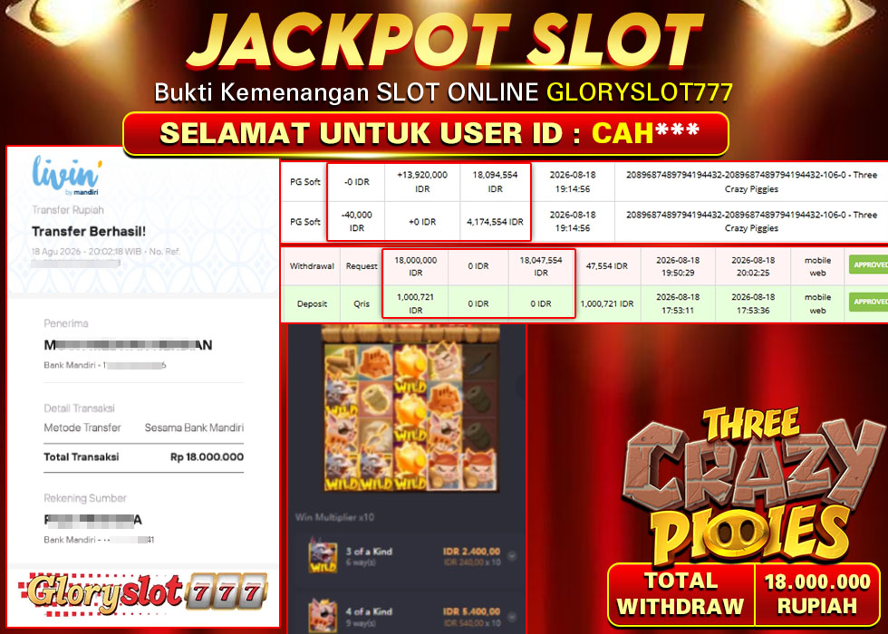 GLORYSLOT777 JACKPOT SLOT THREE CRAZY PIGGIES Rp 18.000.000,- LUNAS
