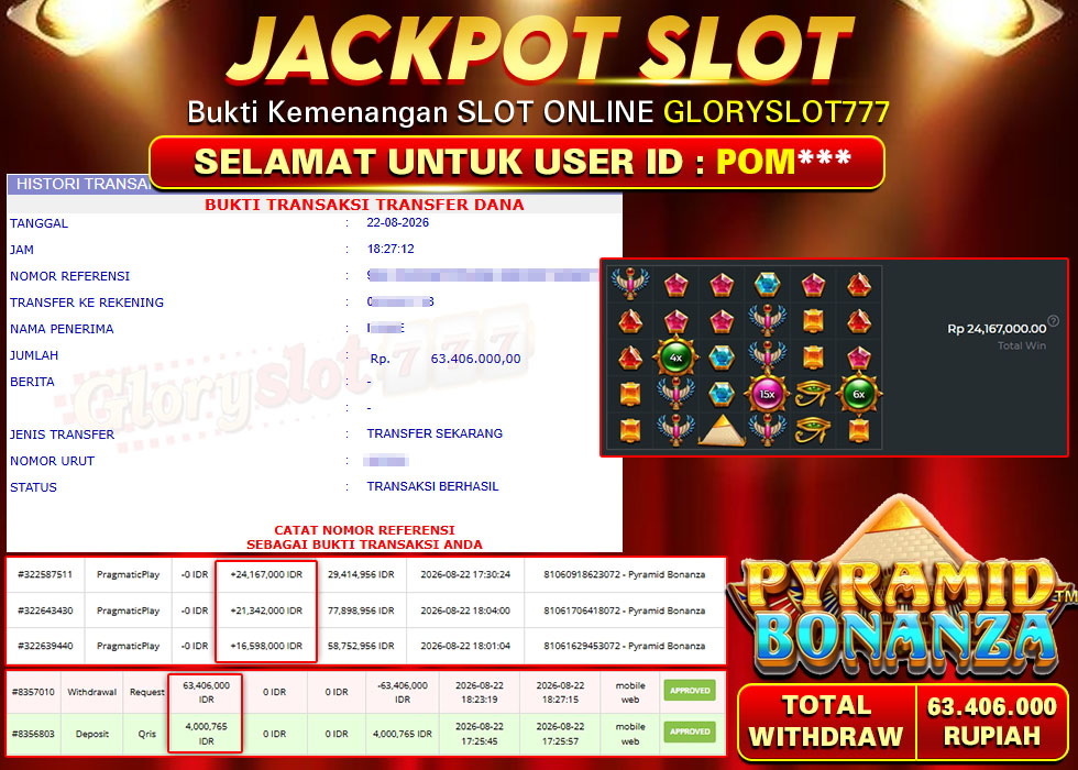 GLORYSLOT777 JACKPOT SLOT PYRAMID BONANZA Rp 63.406.000,- LUNAS
