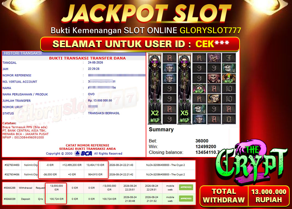 GLORYSLOT777 JACKPOT SLOT THE CRYPT 2 Rp 13.000.000,- LUNAS