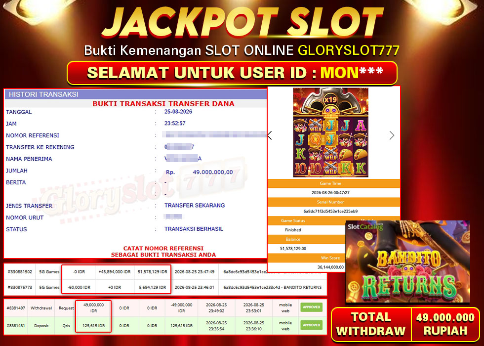 GLORYSLOT777 JACKPOT SLOT BANDITO RETURNS Rp 49.000.000,- LUNAS