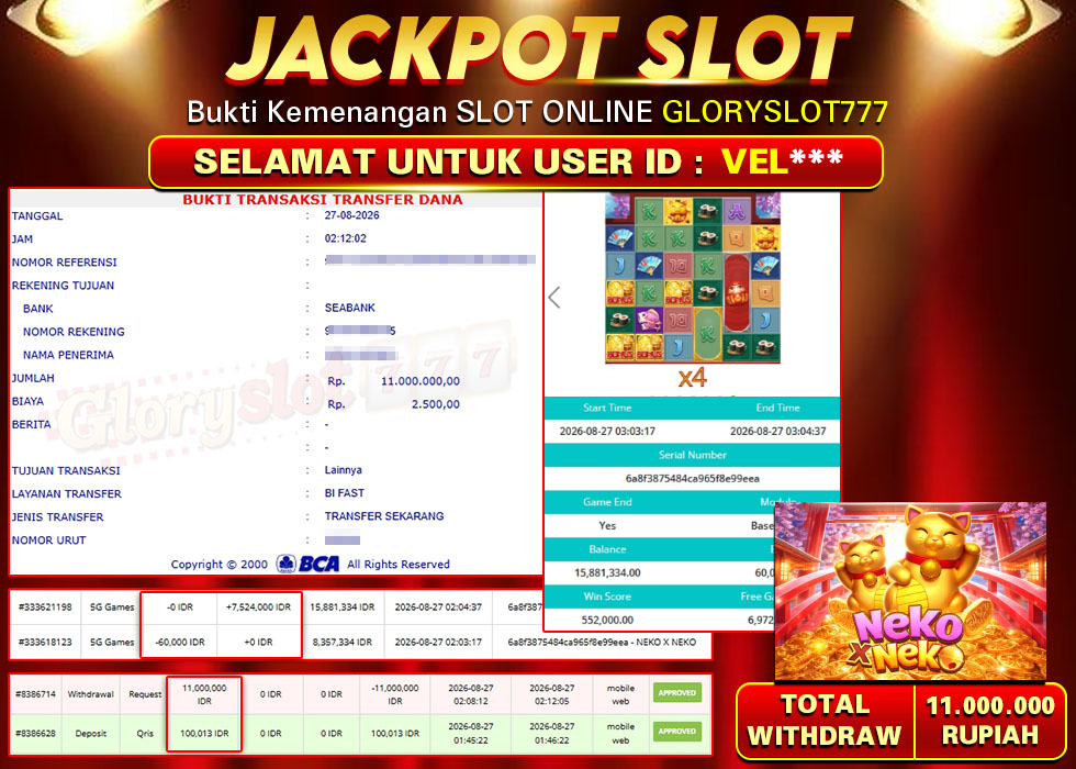 GLORYSLOT777 JACKPOT SLOT NEKO X NEKO Rp 11.000.000,- LUNAS